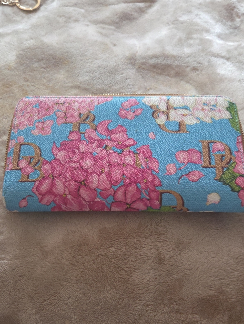 Dooney & Bourke Pink Floral Hydrangea Zip-Around Wallet on Blue